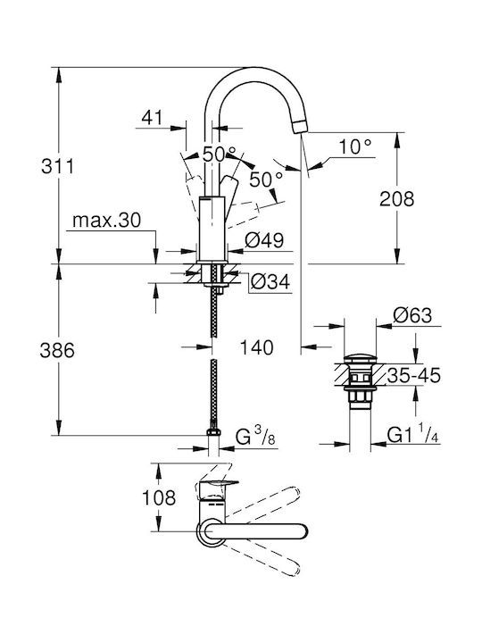 Grohe Bauedge Αναμεικτική Μπαταρία Νιπτήρα Ψηλή Chrome