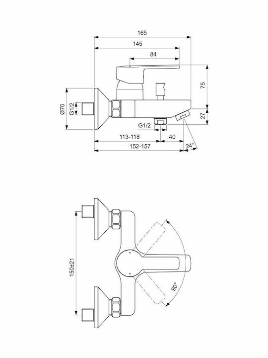 Ideal Standard Idealstream Αναμεικτική Μπαταρία Μπανιέρας Πλήρες Σετ Ασημί