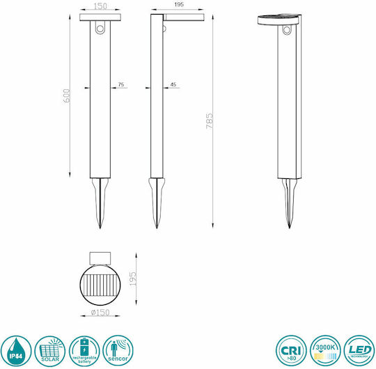 Trio Lighting Posadas Solar Light Floor Column 4.5W 290lm Warm White 3000K with Photocell IP44 15cmx19.5cmx60cmcm