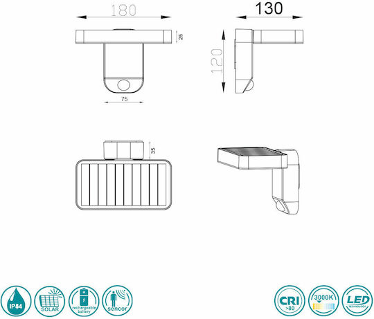 Trio Lighting Esquel Wall Mounted Solar Light 4.5W 290lm Warm White 3000K with Photocell IP44 18cmx12cmcm