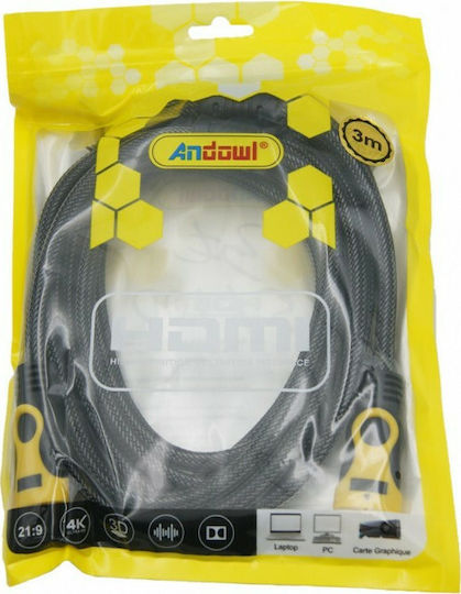 Andowl HDMI 2.0 Premium High Speed 4K 60Hz HDR Braided Cable HDMI Male - HDMI Male Length 3m Black