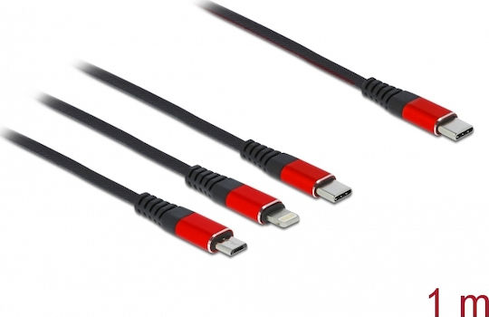 DeLock Regular USB to Lightning / Type-C / micro USB Cable 3A Μαύρο 1m (86711)
