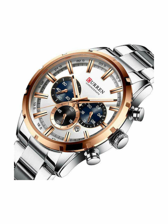 Curren Men's Watch 45mm Chronograph Battery with Silver Metal Bracelet