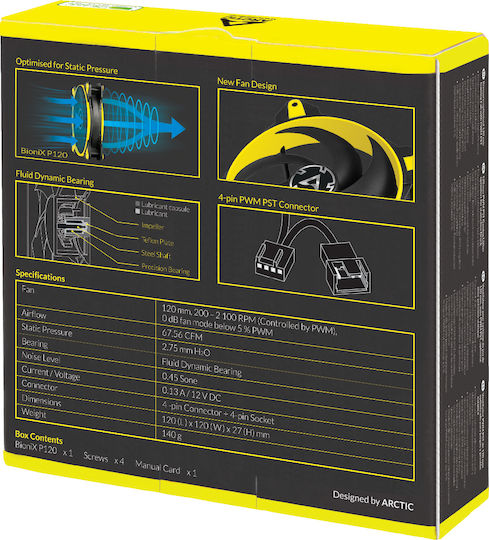 Arctic Bionix P120 Case Fan (2100rpm / 67.56cfm) Without LED Lighting And Connection 4-Pin Molex / 4-Pin PWM Yellow