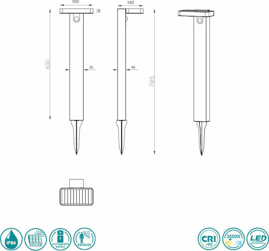 Trio Lighting Esquel Spiked Solar Light Column 4.5W 290lm Warm White 3000K with Photocell IP44 18cmx14cmx60cmcm