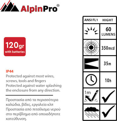 AlpinPro Flashlight LED Waterproof IP44 with Maximum Brightness 60lm CA-7749 Blue CA-7749BL