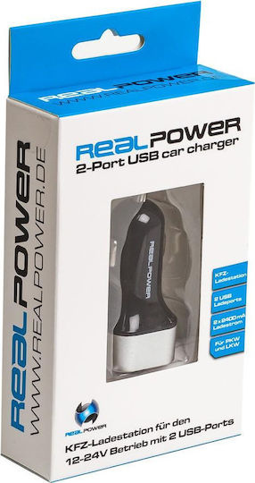 RealPower Зарядно за кола 12W с Портове: 2xUSB Черен Цвят