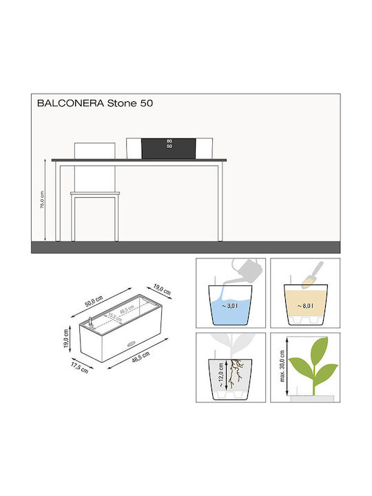 Lechuza Balconera Stone Self-watering Planter Box Plastic Gray 50x19x19cm.