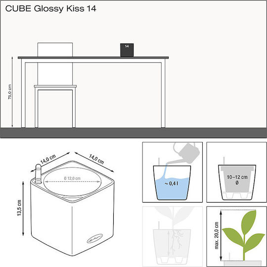 Lechuza Cube Glossy Selbstbewässernd Topf Kunststoff 14x14x14cm.