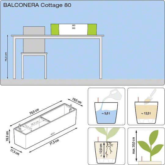 Lechuza Balconera Cottage Granite Self-watering Planter Box Plastic Gray 79x19x19cm.