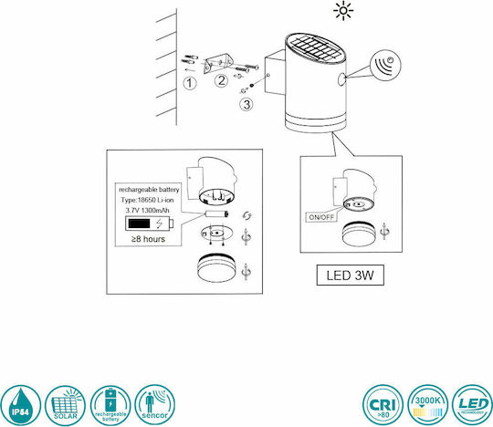 Trio Lighting Salta Соларна Светлина 3W 165лм Топло бяло 3000К с Фотоклетка IP44 9смx13смсм.