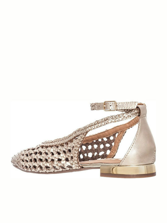 Leather Pointy Ballerinas With strap Gold