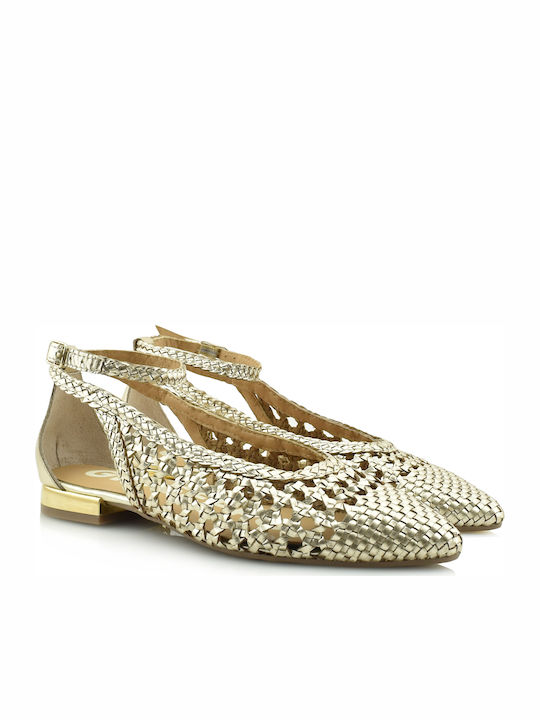 Leather Pointy Ballerinas With strap Gold