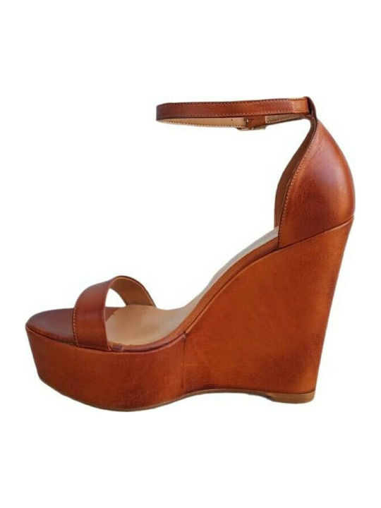 Women's Leather Ankle Strap Platforms Tabac Brown
