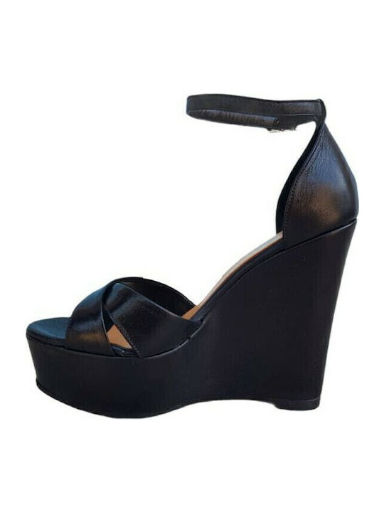 Women's Leather T-Strap Platforms Black