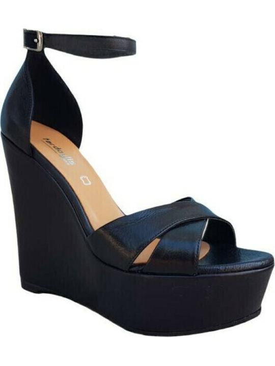 Women's Leather T-Strap Platforms Black