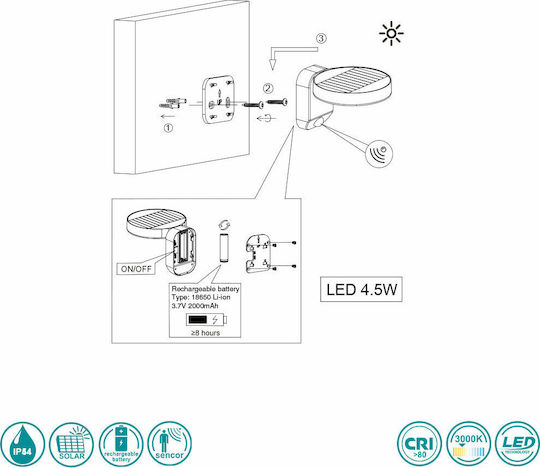 Trio Lighting Posadas Wall Mounted Solar Light 4.5W 290lm Warm White 3000K with Motion Sensor IP44 15cmx12cmcm