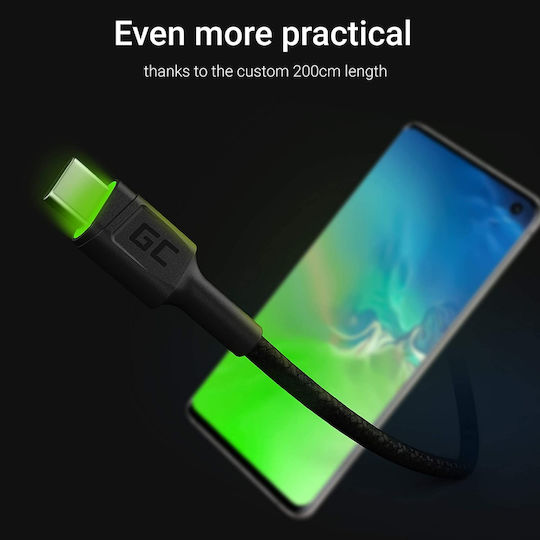 Green Cell Cell Ray Braided / LED USB 2.0 Cable USB-C male - USB-A Μαύρο 2m KABGC13