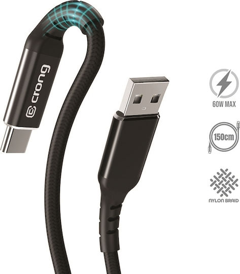Crong Armor Link Cablu Braided USB 2.0 USB-C Masculin - USB-A 60W PD Negru 1.5m CRG-AL15USAC-BLK