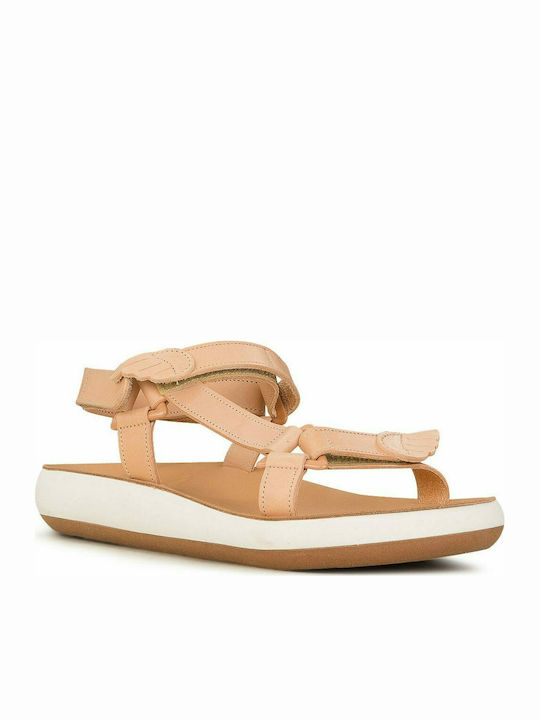 Ancient Greek Sandals Poria Women's Flat Sandals with Strap in Beige Color