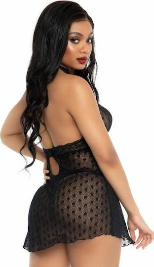 Leg Avenue 86113 Lace Trimmed Halter Babydoll Sexy Robe Black