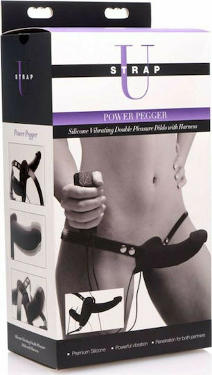 Strap U Power Pegger Double Strap On Vibrator Harness with Double Dildo 17cm and Vibration in Black Color
