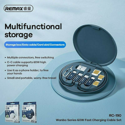 Remax RC-190 Regulär USB zu Blitzschlag / Typ-C / Micro-USB Kabel 3A Blau 0.29m