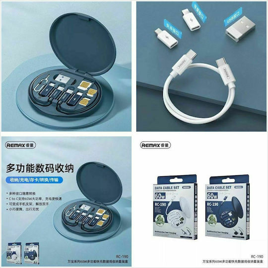 Remax RC-190 Regular USB to Lightning / Type-C / micro USB Cable 3A Μπλε 0.29m