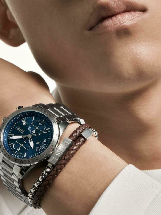 Boss Pilot Ανδρικό Ρολόι 44mm Χρονογράφος Μπαταρίας με Ασημί Μεταλλικό Μπρασελέ