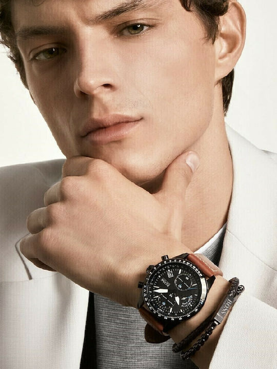 Boss Pilot Men's Watch 44mm Chronograph Battery with Brown Leather Strap