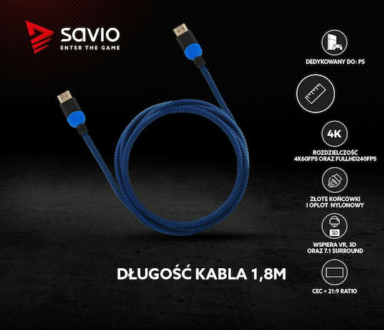 Savio HDMI 2.0 Premium High Speed 4K 60Hz HDR Braided Cable HDMI Male - HDMI Male Length 1.8m Black