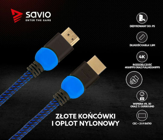 Savio HDMI 2.0 Premium High Speed 4K 60Hz HDR Braided Cable HDMI Male - HDMI Male Length 1.8m Black