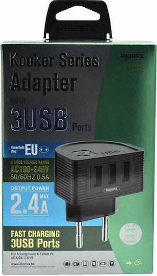 Remax Φορτιστής Χωρίς Καλώδιο με 3 Θύρες USB-A Μαύρος (RP-U32)