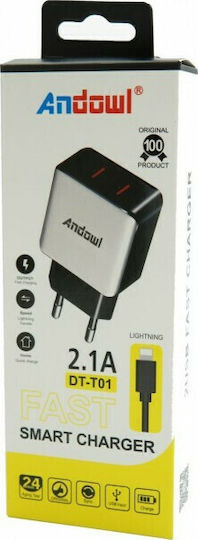 Andowl Φορτιστής με 2 Θύρες USB-A και Καλώδιο Lightning Λευκός (DT-T01)