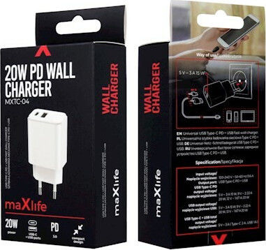 Maxlife Charger Without Cable with USB-A Port and USB-C Port Power Delivery Whites (MXTC-04)