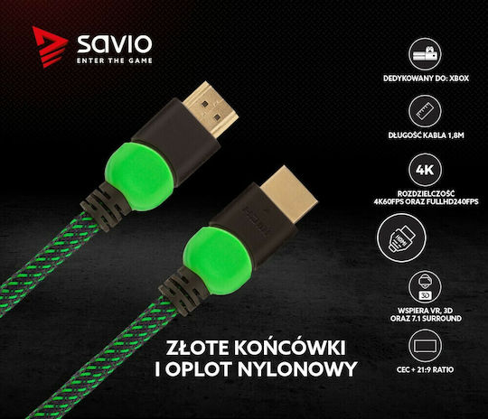 Savio HDMI 2.0 Premium High Speed 4K 60Hz HDR Braided Cable HDMI Male - HDMI Male Length 1.8m Black