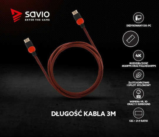 Savio HDMI 2.0 Premium High Speed 4K 60Hz HDR Cable HDMI male - HDMI male 3m Μαύρο