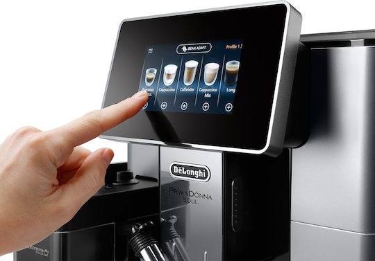De'Longhi PrimaDonna Soul Αυτόματη Μηχανή Espresso 1450W Πίεσης 19bar για Cappuccino με Μύλο Άλεσης Ασημί ECAM610.55.SB
