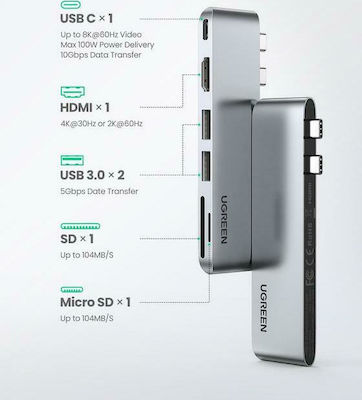 Ugreen CM380 Dual USB-C Docking Station mit HDMI 4K PD Silber