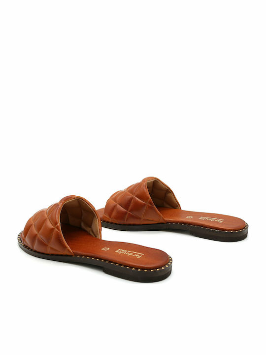 Leather Women's Flat Sandals in Tabac Brown Color