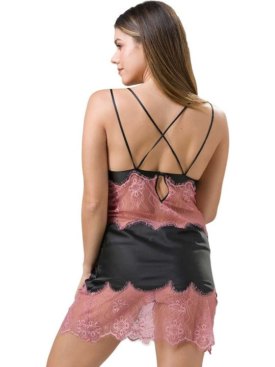 Luna Satin Damen Nachthemd mit String Schwarz Cabaret