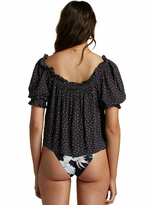 Billabong Sunny Skies Women's Summer Blouse Off-Shoulder Short Sleeve Polka Dot Black