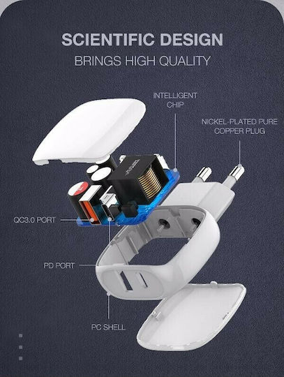Ldnio Charger with USB-A Port and USB-C Port and Cable Lightning 18W Quick Charge 3.0 / Power Delivery Whites (LD-A2313L)