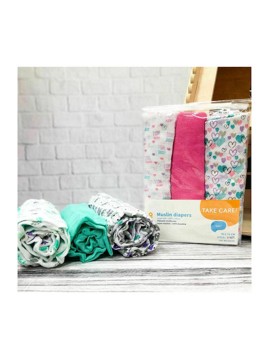 Babyono Muslin Swaddle Wraps Pink 70x70cm. 3pcs