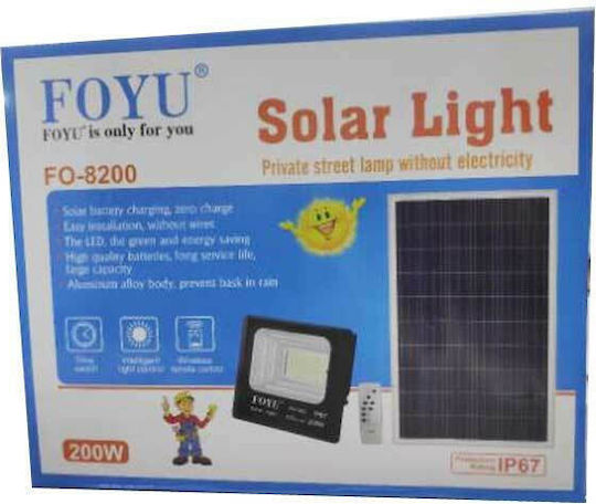 Foyu Στεγανός Ηλιακός Προβολέας LED 200W Ψυχρό Λευκό 6000K με Τηλεχειριστήριο IP67