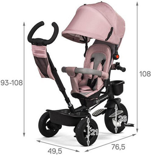 Kinderkraft Aveo Kids Tricycle Foldable, Convertible, With Push Handle & Sunshade for 9+ Months Pink