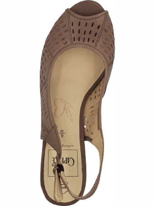Δερμάτινες Peep Toe Γόβες με Λουράκι Μπεζ