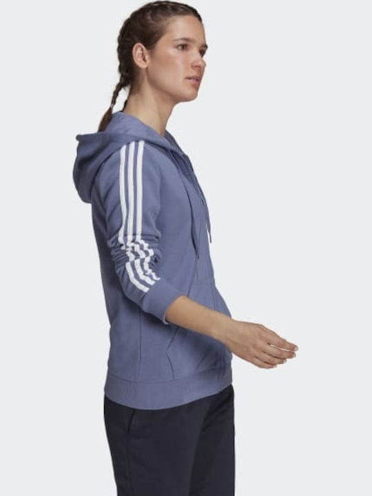 Performance Essentials 3-Stripes Γυναικεία Ζακέτα Φούτερ με Κουκούλα Μπλε