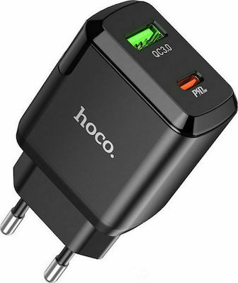 Hoco Ladegerät ohne Kabel mit USB-A Anschluss und USB-C Anschluss 20W Schnellaufladung 3.0 / Stromlieferung Schwarzs (N5 Favor)