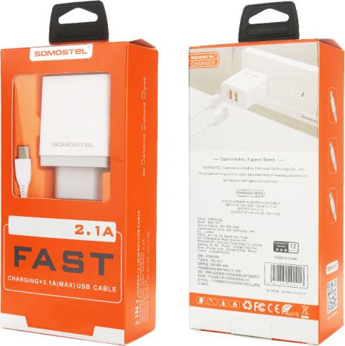 Somostel Charger Without Cable with 2 USB-A Ports Quick Charge 3.0 Whites (SMS-A17)